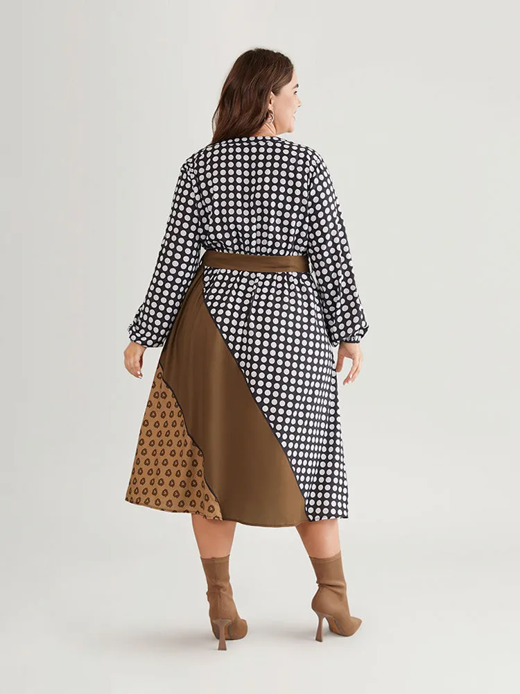 Polka Dot Patchwork Colorblock Belted Notched Dress sold by Bloomchic product image thumbnail 2