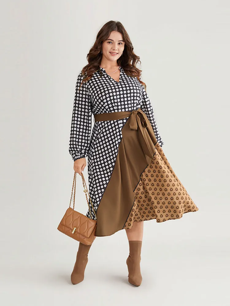 Polka Dot Patchwork Colorblock Belted Notched Dress sold by Bloomchic product image thumbnail 4