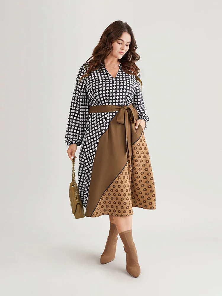 Polka Dot Patchwork Colorblock Belted Notched Dress sold by Bloomchic