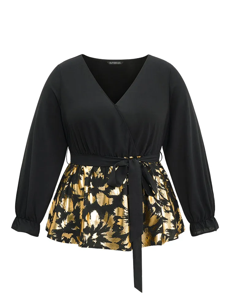 Glitter Patchwork Ruffles Wrap Belted Blouse sold by Bloomchic product image thumbnail 5