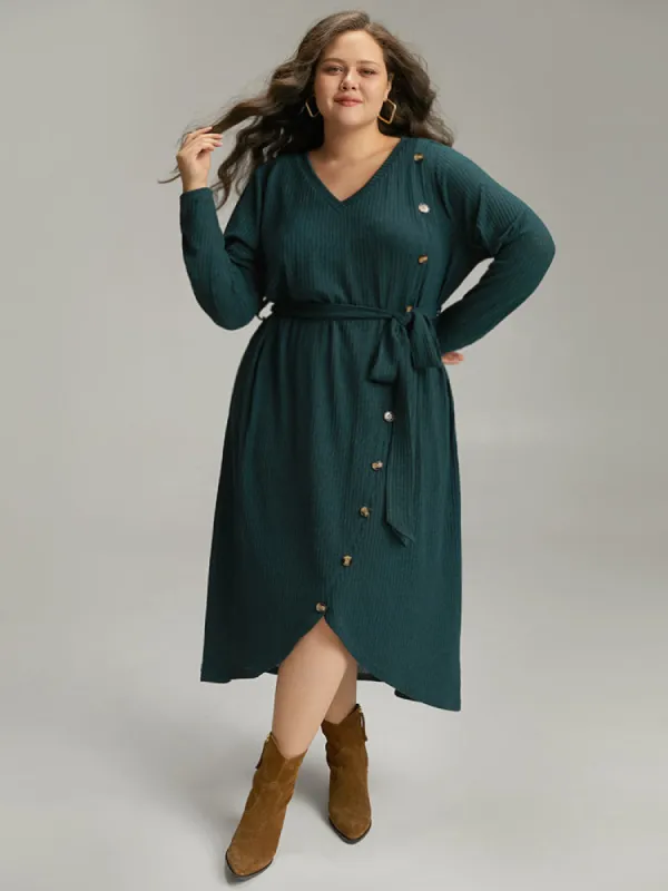 Rib Knit Button Detail Belted Wrap Hem Dress sold by Bloomchic