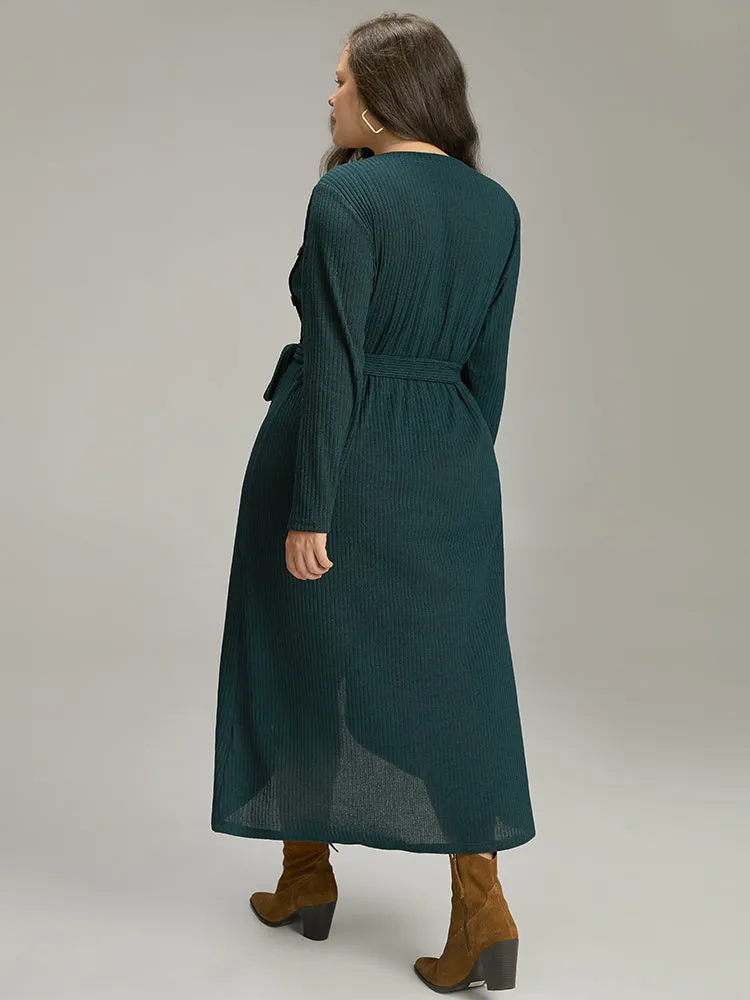 Rib Knit Button Detail Belted Wrap Hem Dress sold by Bloomchic product image thumbnail 5