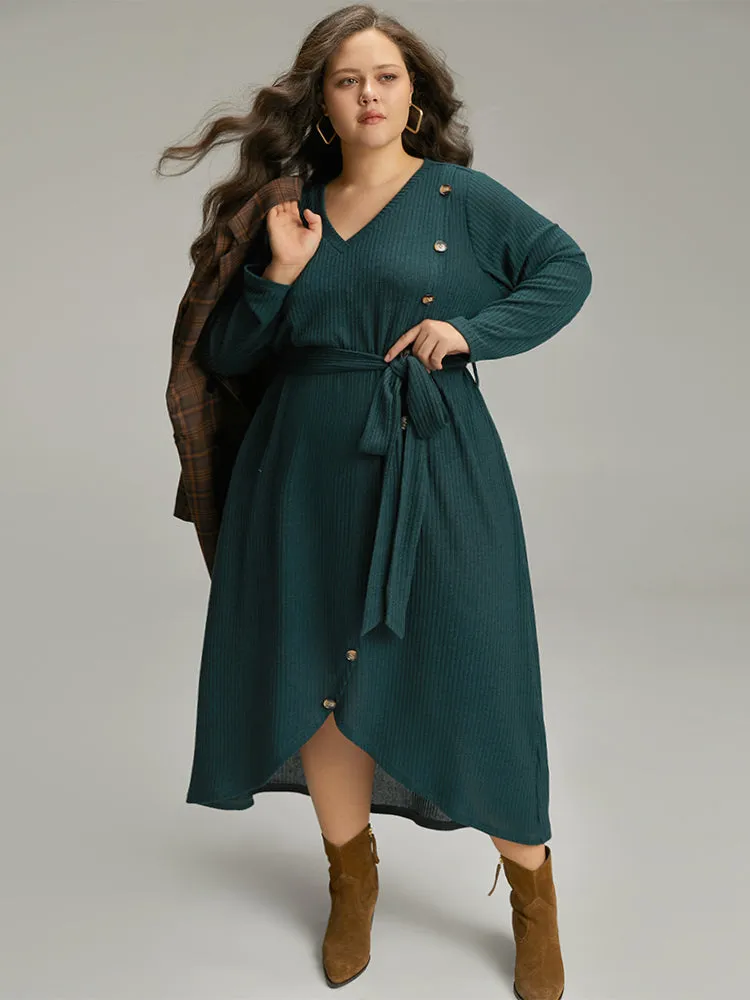 Rib Knit Button Detail Belted Wrap Hem Dress sold by Bloomchic product image thumbnail 2