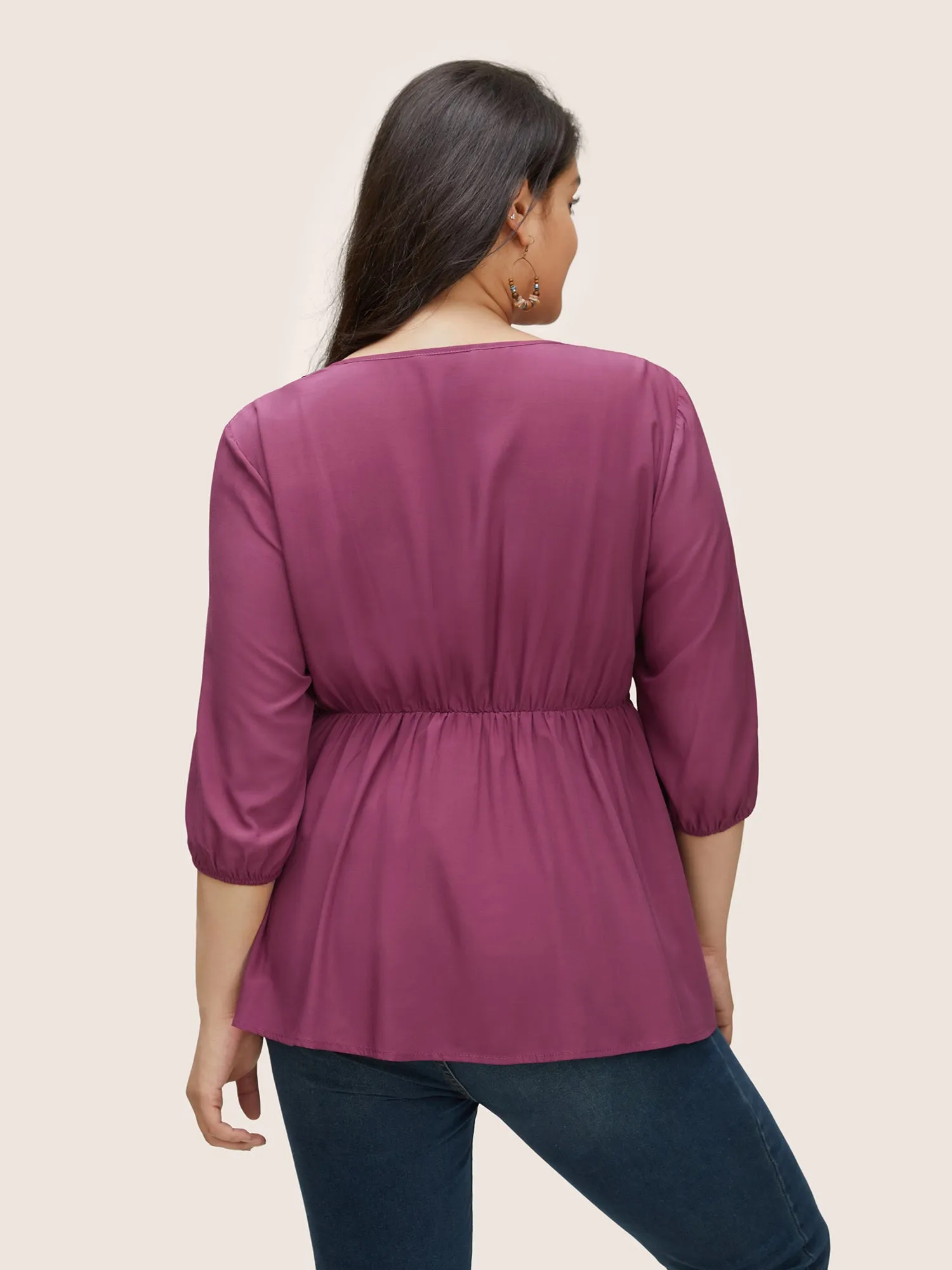 Solid Ruffles Shirred Elastic Waist Ties Blouse sold by Bloomchic product image thumbnail 4