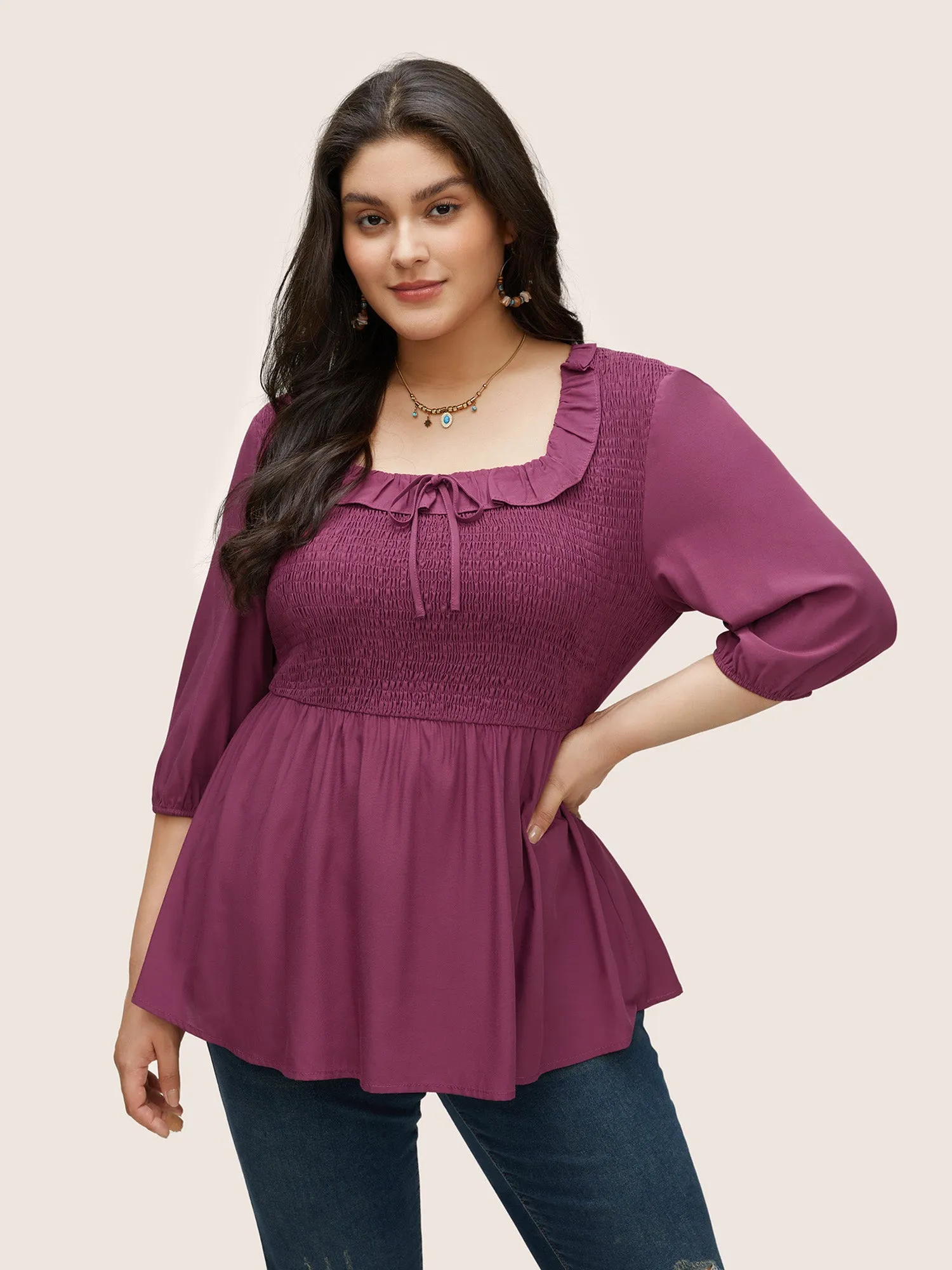 Solid Ruffles Shirred Elastic Waist Ties Blouse sold by Bloomchic