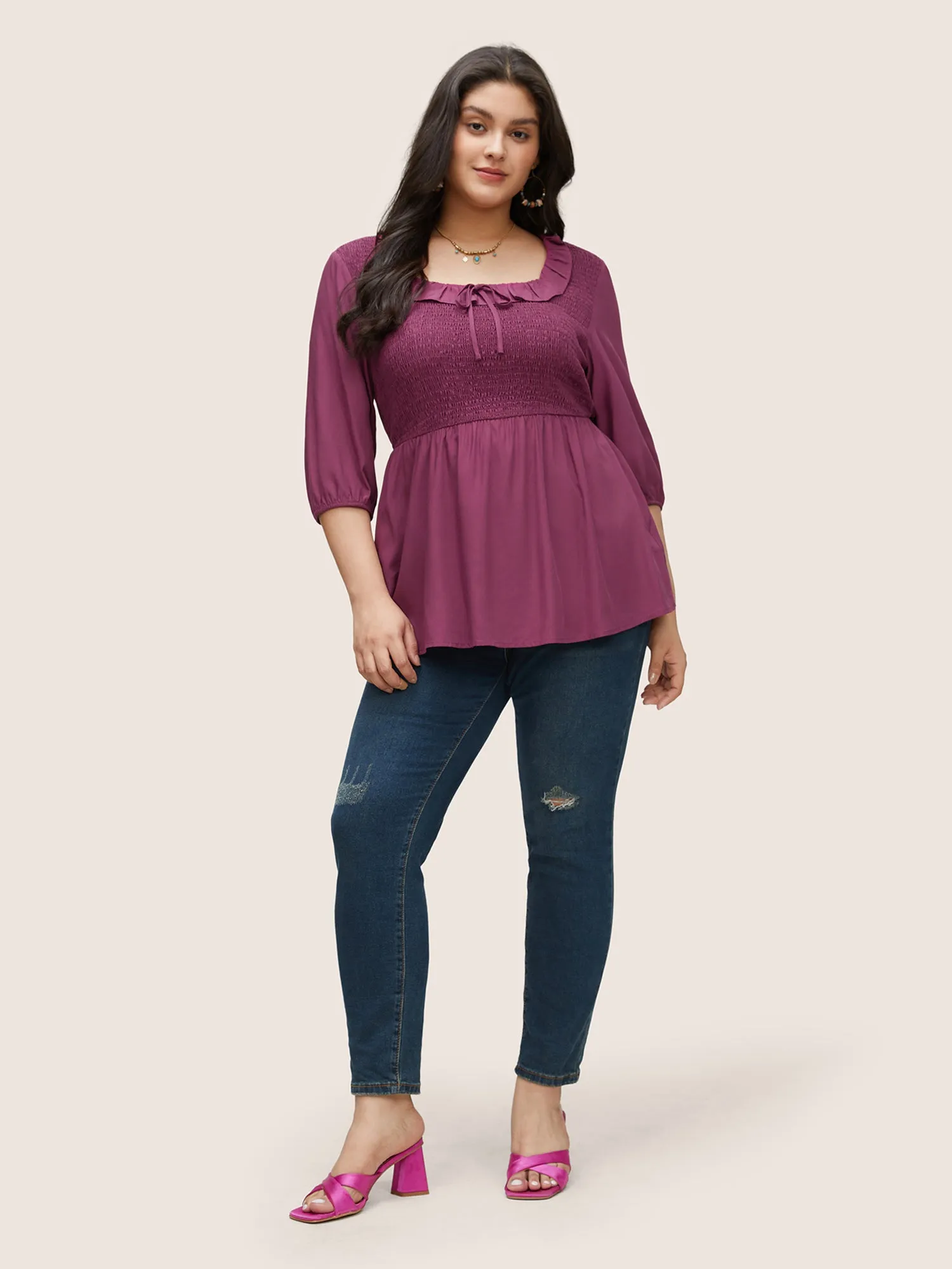 Solid Ruffles Shirred Elastic Waist Ties Blouse sold by Bloomchic product image thumbnail 2