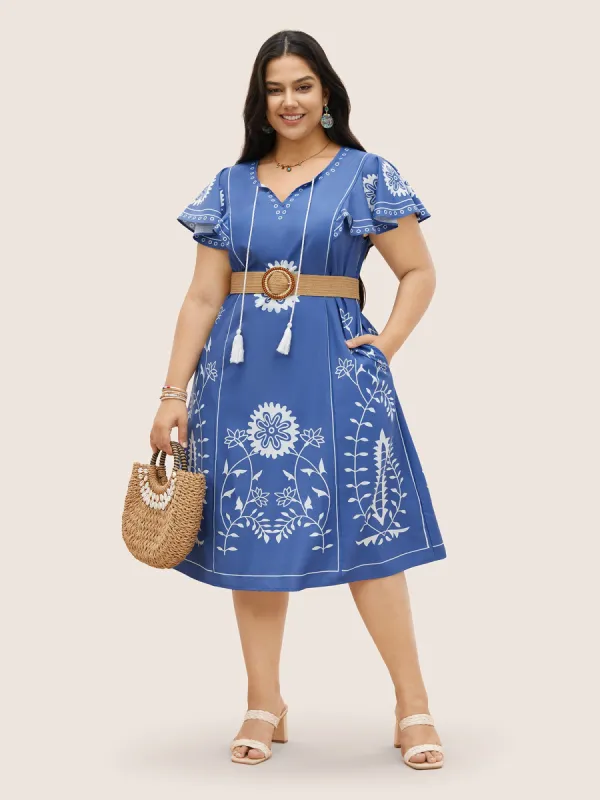 Boho Print Tassels Ruffle Sleeve Dress sold by Bloomchic