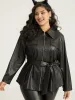 Plain PU Leather Knot Pocket Zipper Belted Jacket sold by Bloomchic