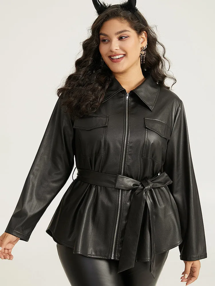 Plain PU Leather Knot Pocket Zipper Belted Jacket sold by Bloomchic product image thumbnail 5