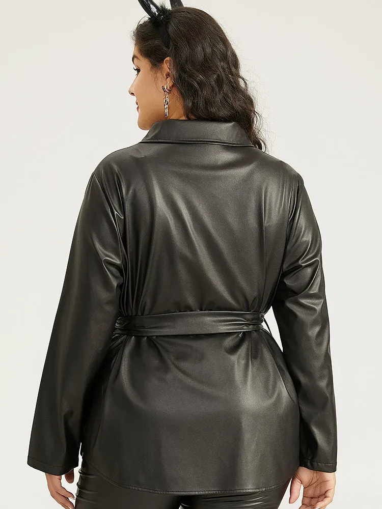 Plain PU Leather Knot Pocket Zipper Belted Jacket sold by Bloomchic product image thumbnail 2