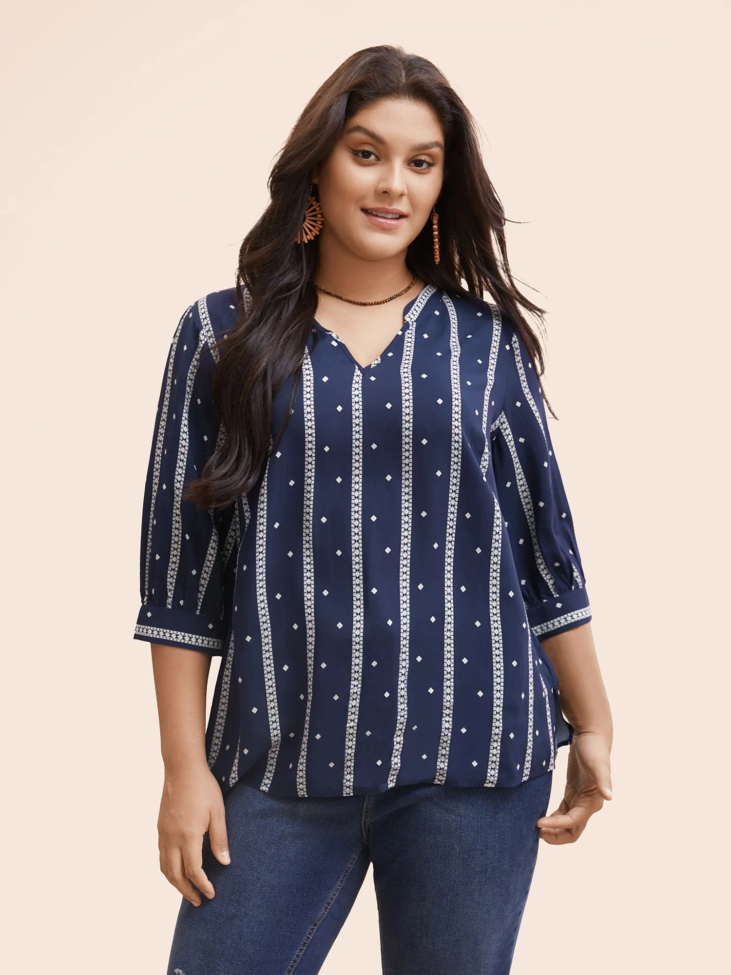 Striped Geometric Notched Gathered Blouse sold by Bloomchic product image thumbnail 3