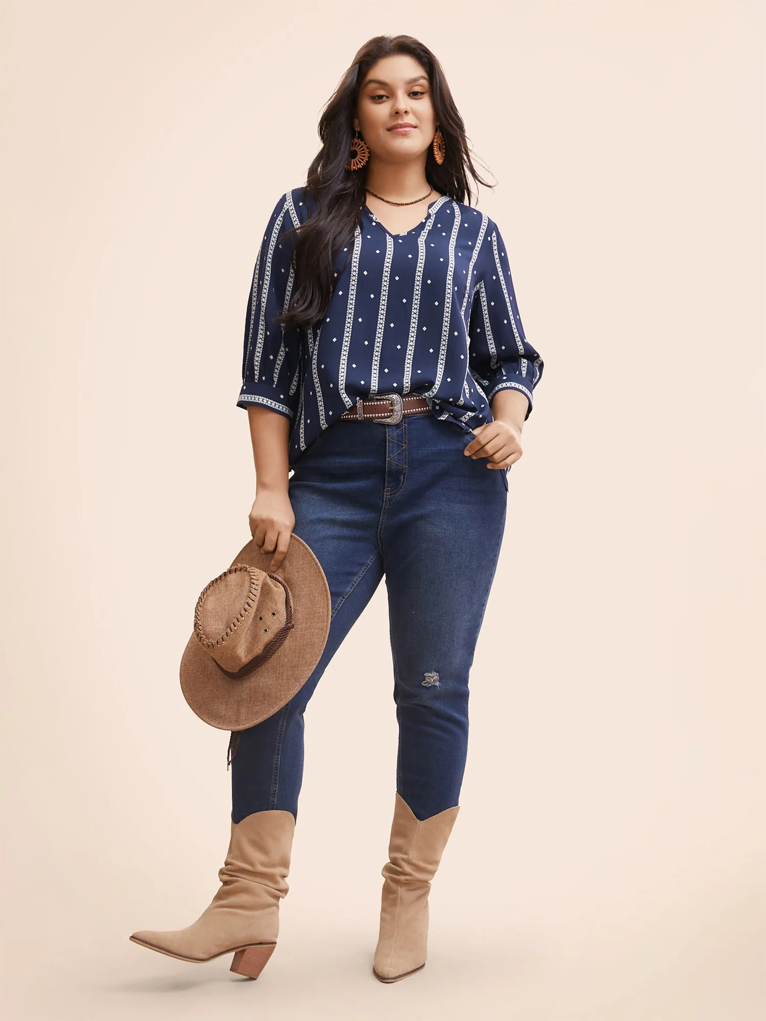 Striped Geometric Notched Gathered Blouse sold by Bloomchic product image thumbnail 2