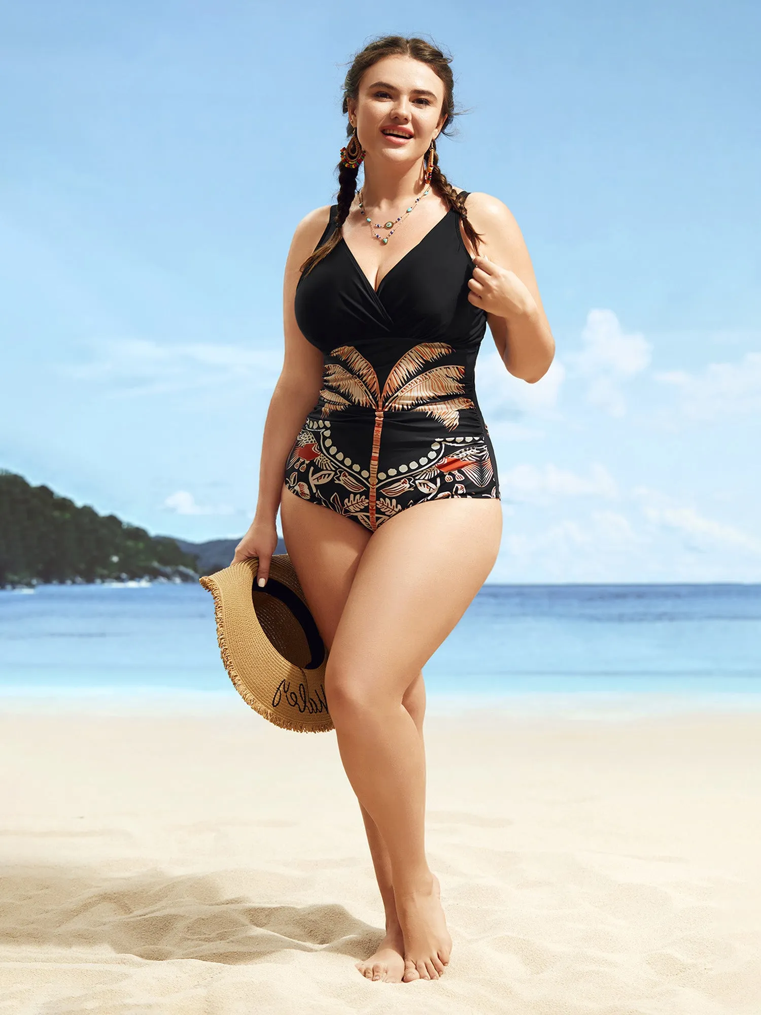 Overlap Collar Tropical Print Gathered One Piece Swimsuit sold by Bloomchic product image thumbnail 3
