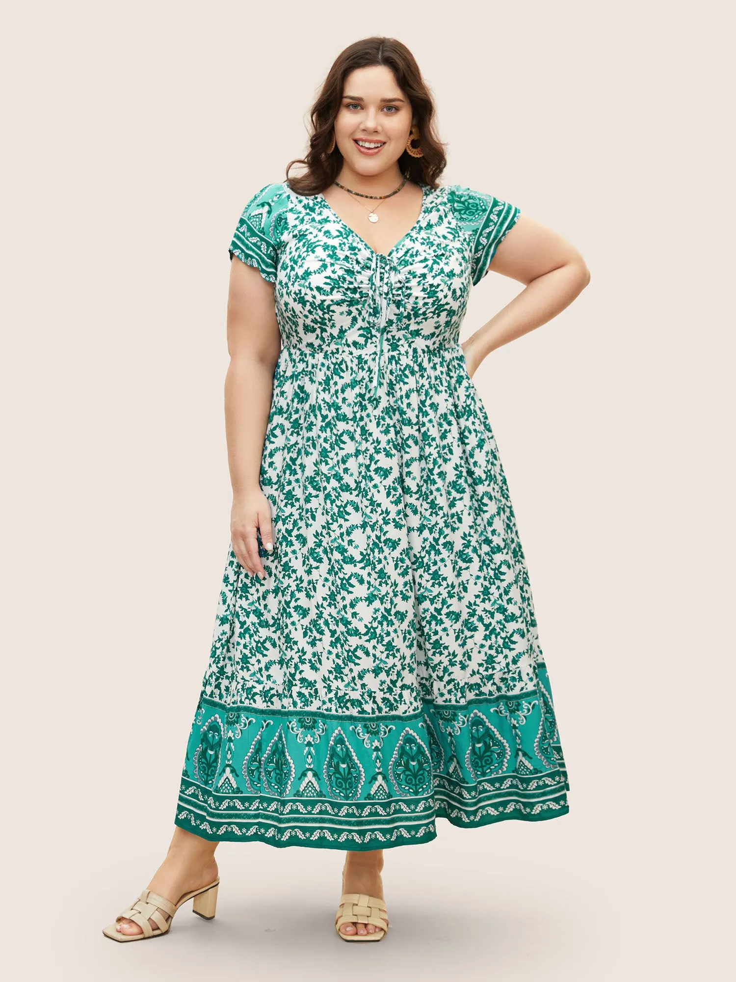 Boho Print Drawstring Cap Sleeve Dress sold by Bloomchic product image thumbnail 2