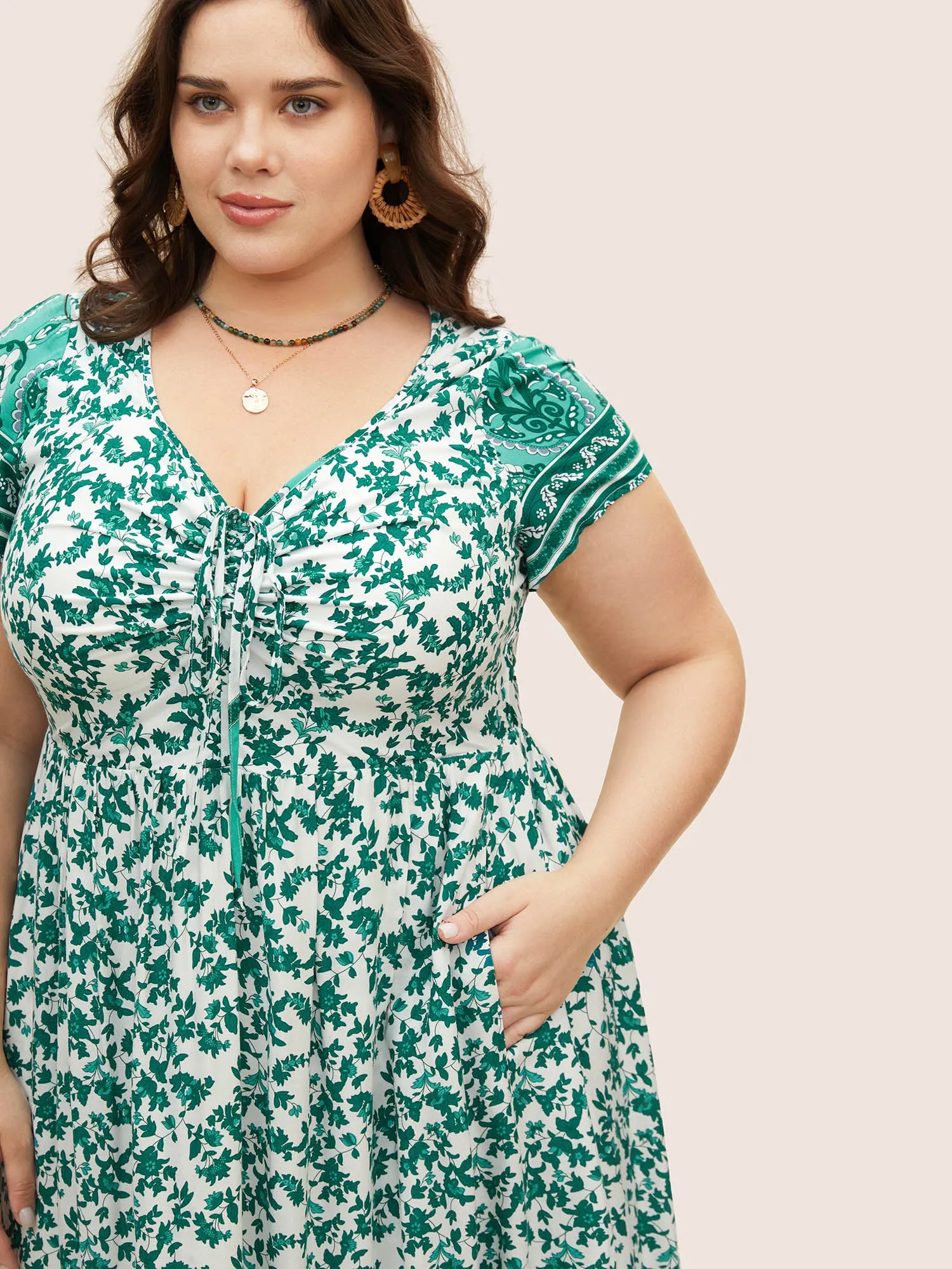 Boho Print Drawstring Cap Sleeve Dress sold by Bloomchic product image thumbnail 4