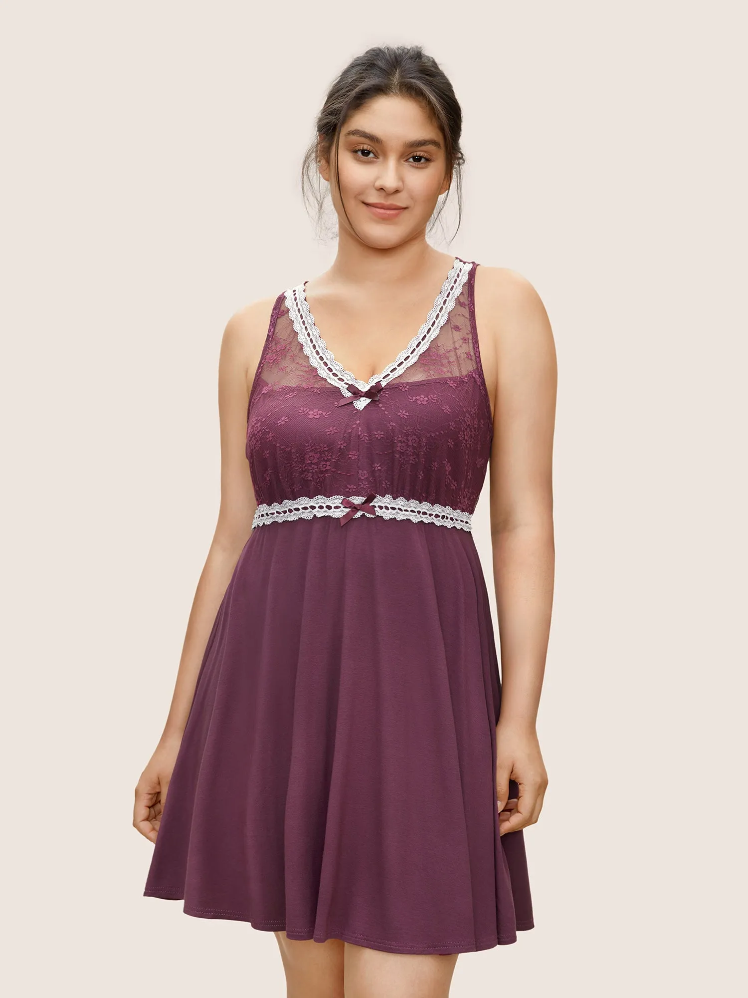 Lace Patchwork Contrast Bowknot Sleep Dress sold by Bloomchic