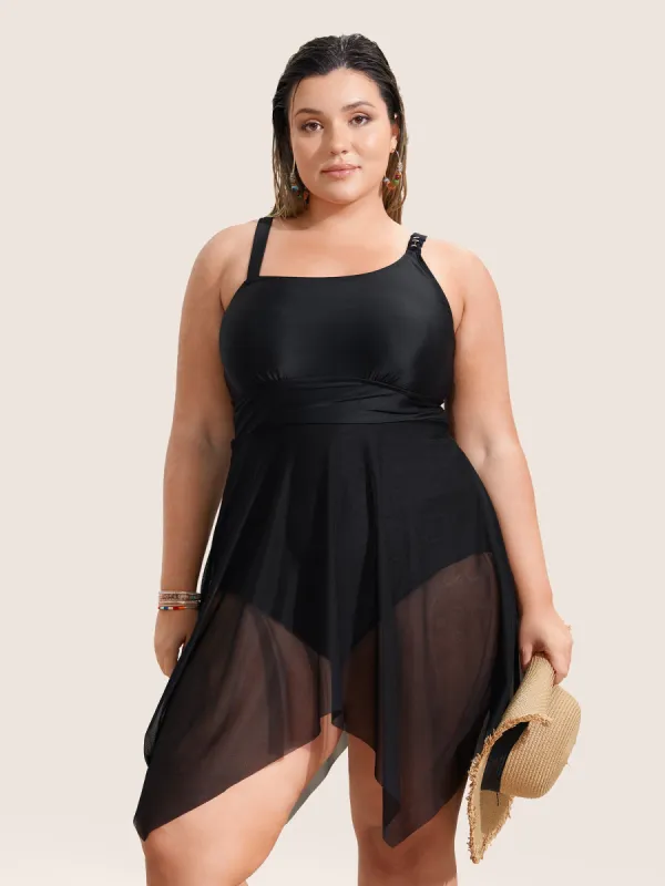 Asymmetrical Neck Mesh Patchwork Swim Dress sold by Bloomchic