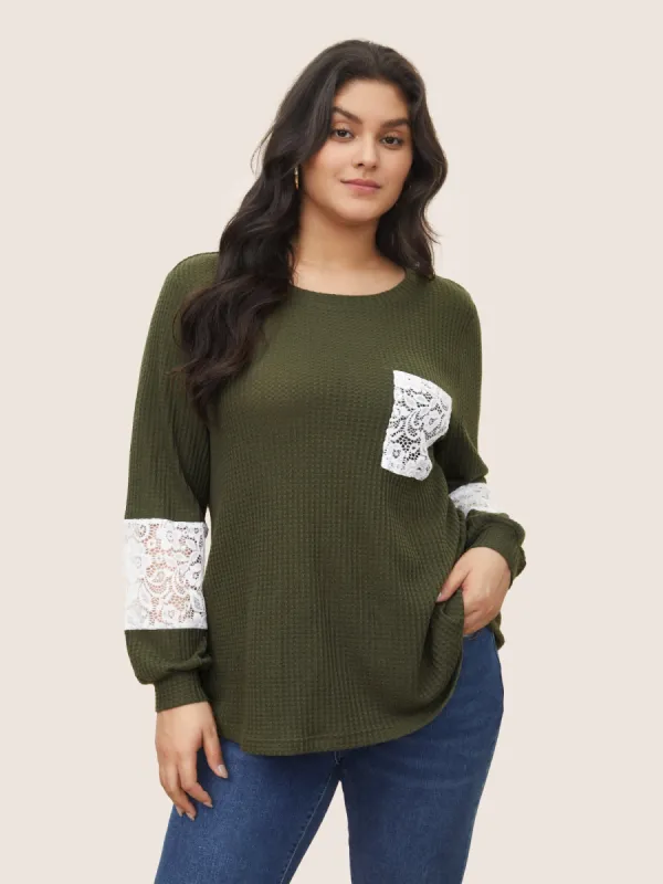 Waffle Knit Contrast Lace Patchwork T-shirt sold by Bloomchic