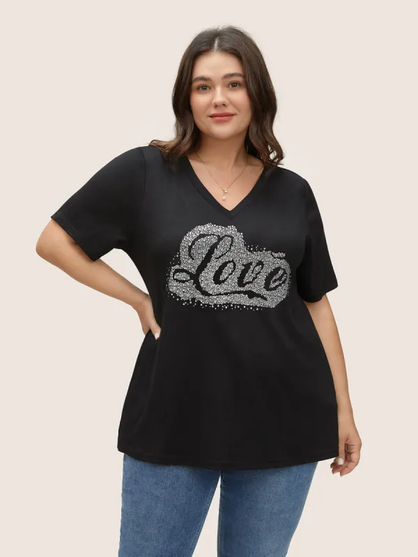 Love Rhinestone V Neck T-shirt sold by Bloomchic