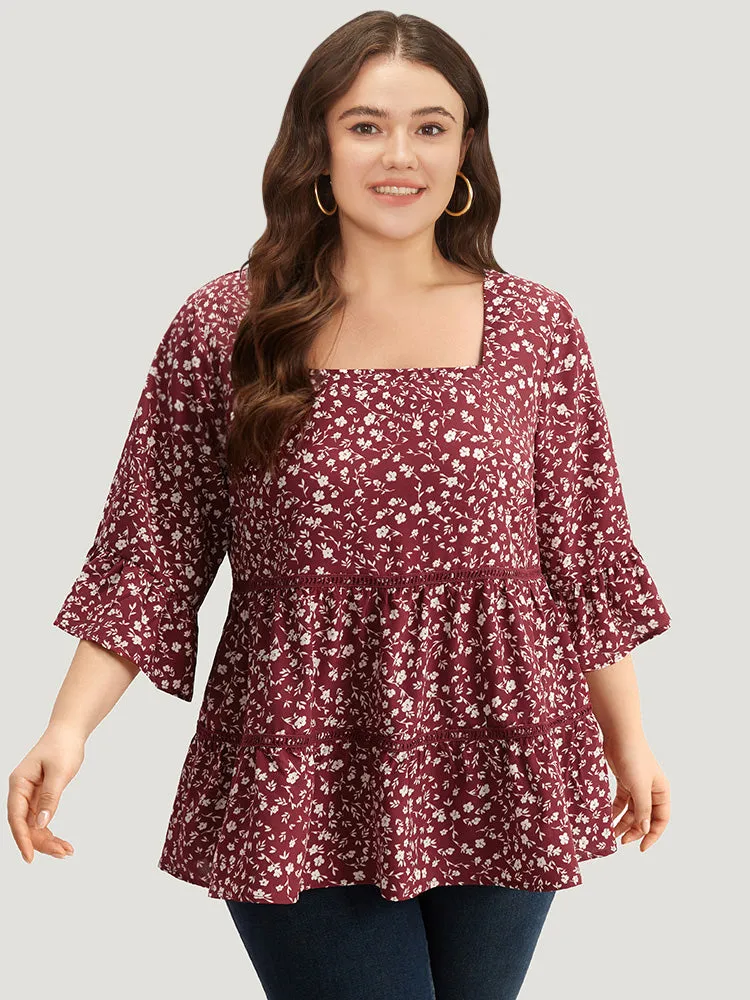 Silhouette Floral Print Lace Patchwork Square Neck Flutters Blouse sold by Bloomchic