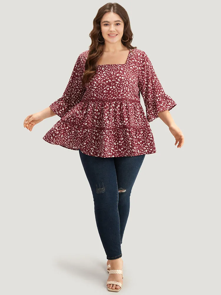 Silhouette Floral Print Lace Patchwork Square Neck Flutters Blouse sold by Bloomchic product image thumbnail 2