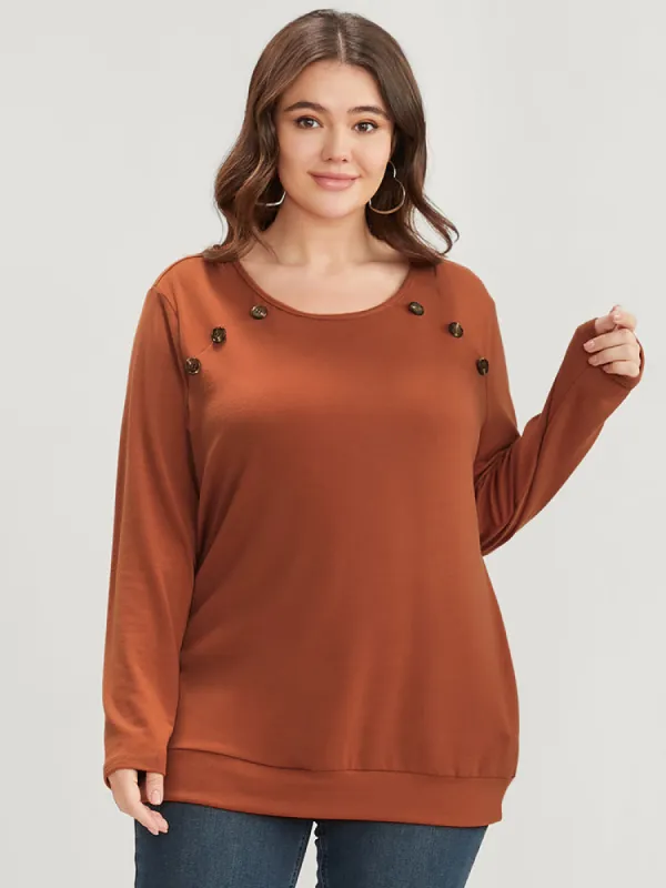 Solid Round Neck Button Detail Long Tee sold by Bloomchic