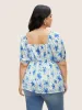 Square Neck Floral Pleated Lantern Sleeve Blouse sold by Bloomchic