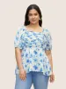 Square Neck Floral Pleated Lantern Sleeve Blouse sold by Bloomchic