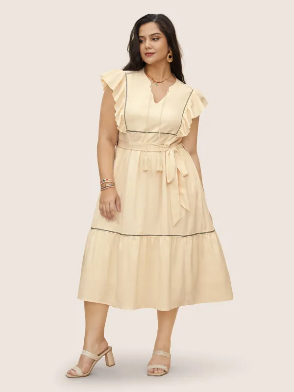 Notch Ruffle Cap Sleeve Woven Ribbon Tassels Dress sold by Bloomchic