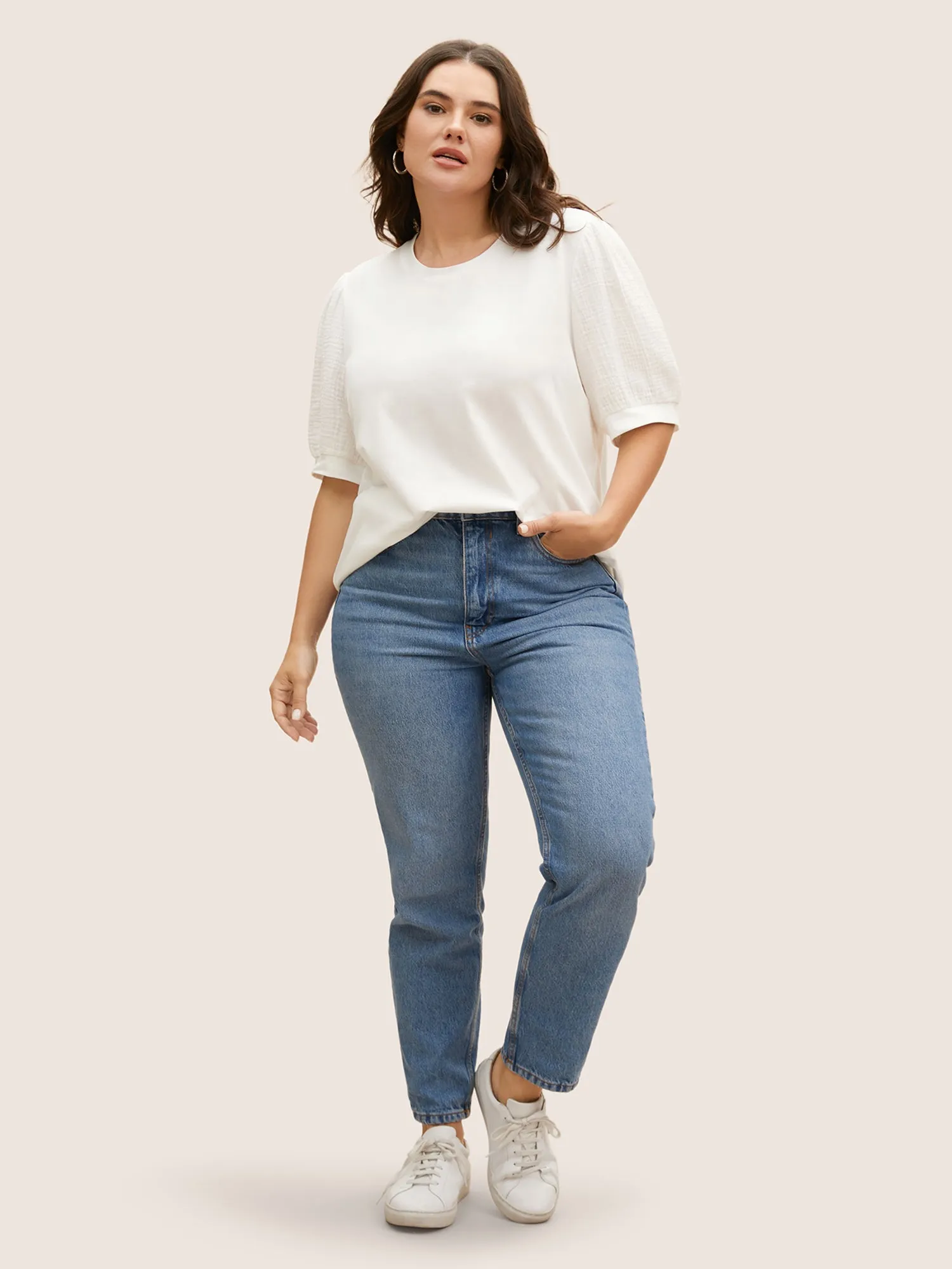 Plain Textured Patchwork Lantern Sleeve T-Shirt sold by Bloomchic product image thumbnail 3