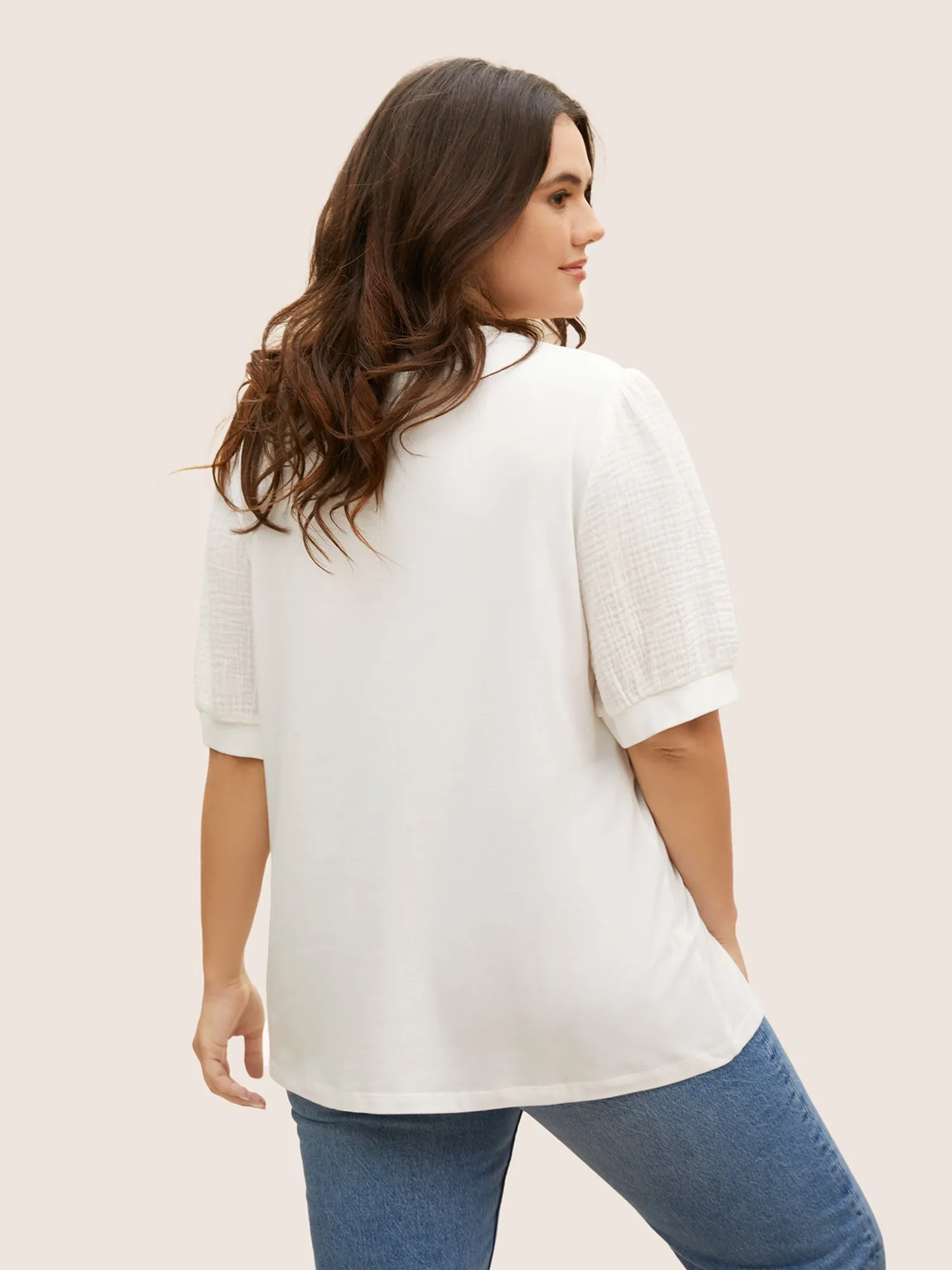Plain Textured Patchwork Lantern Sleeve T-Shirt sold by Bloomchic product image thumbnail 2