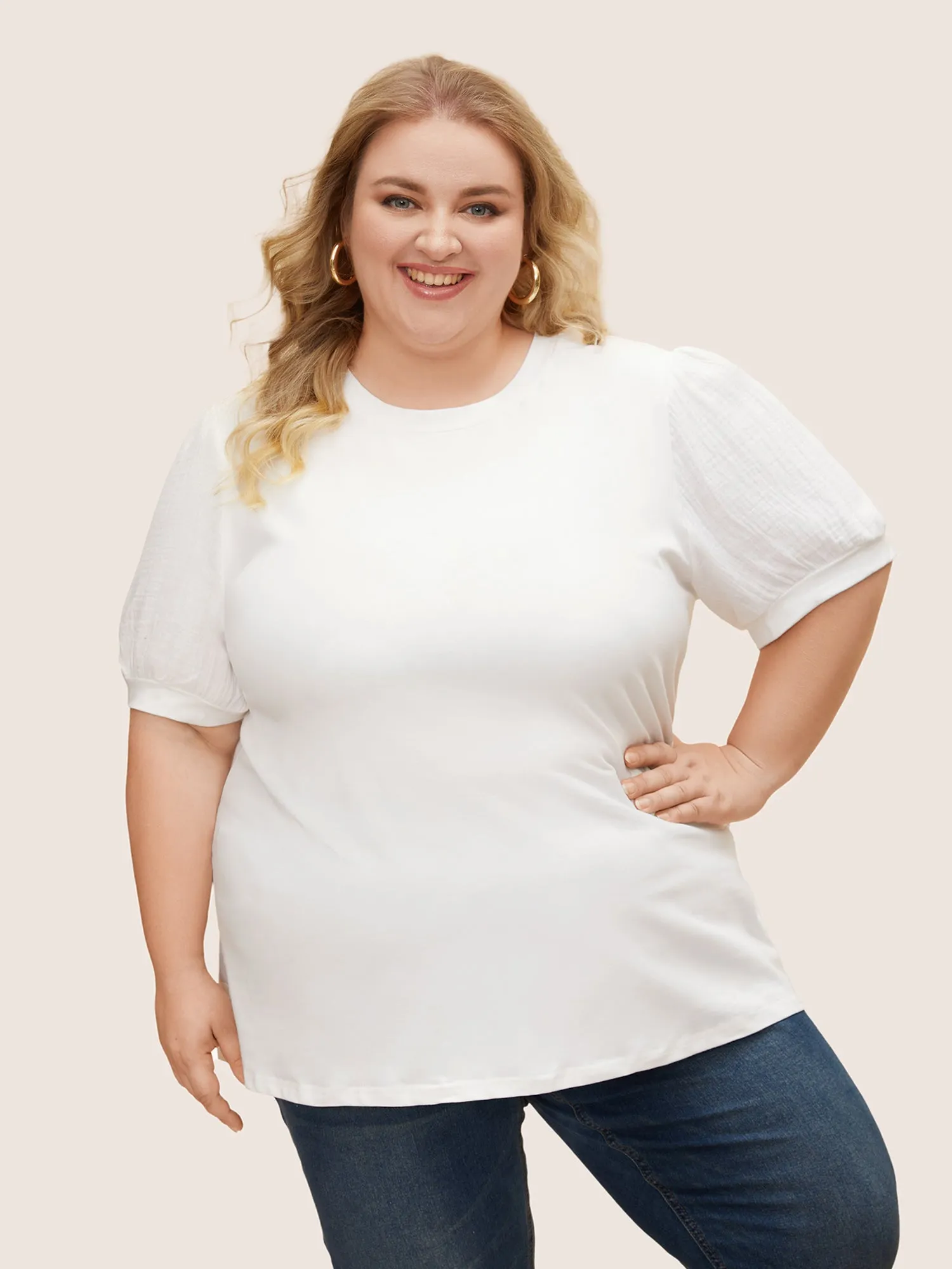 Plain Textured Patchwork Lantern Sleeve T-Shirt sold by Bloomchic product image thumbnail 5