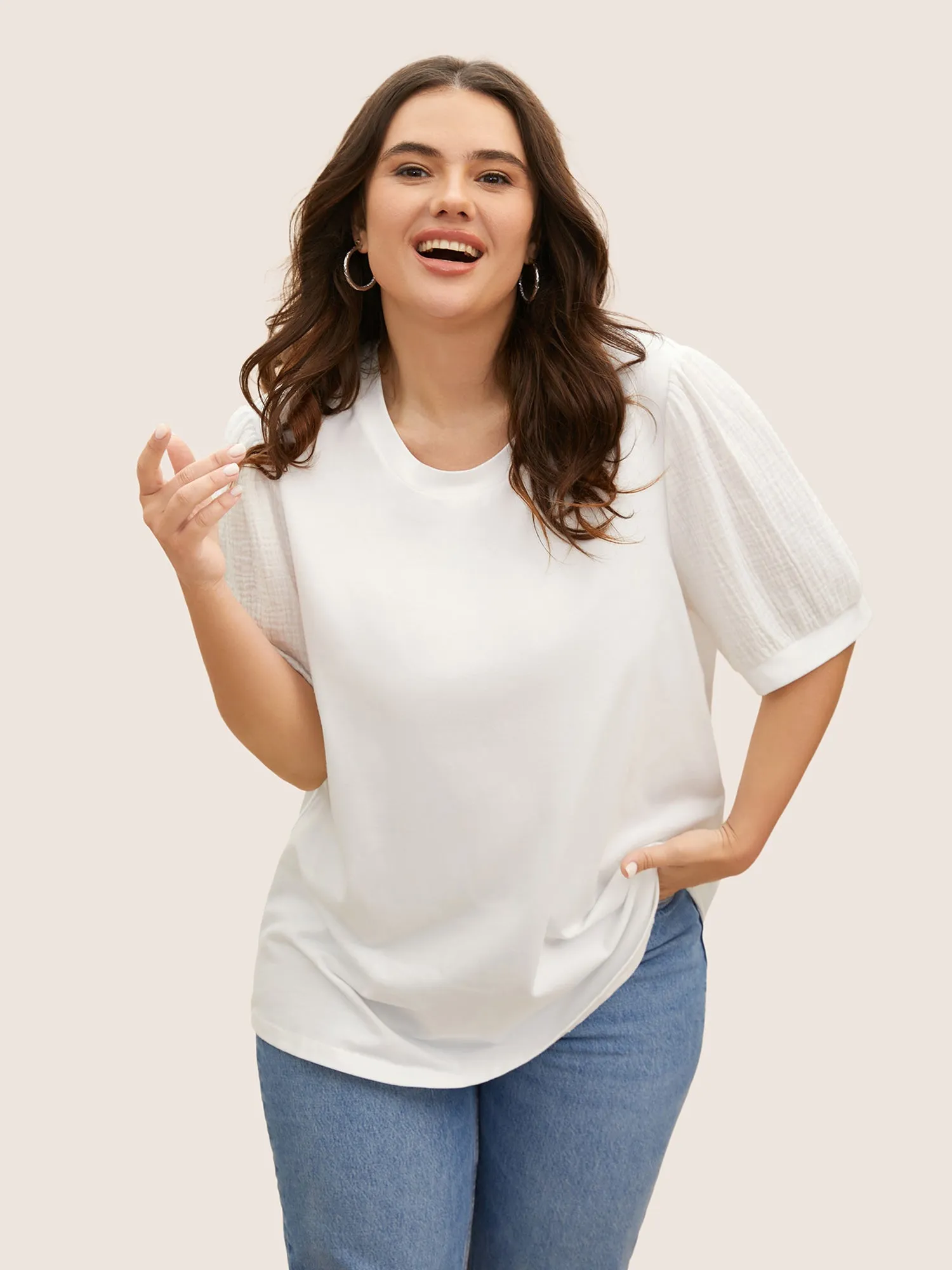 Plain Textured Patchwork Lantern Sleeve T-Shirt sold by Bloomchic