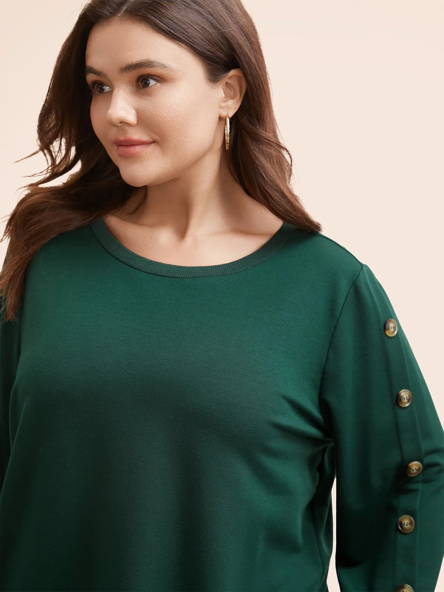 Crew Neck Patchwork Button Detail Sweatshirt sold by Bloomchic product image thumbnail 4