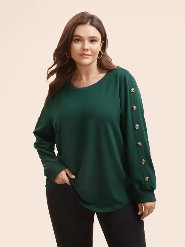 Crew Neck Patchwork Button Detail Sweatshirt sold by Bloomchic