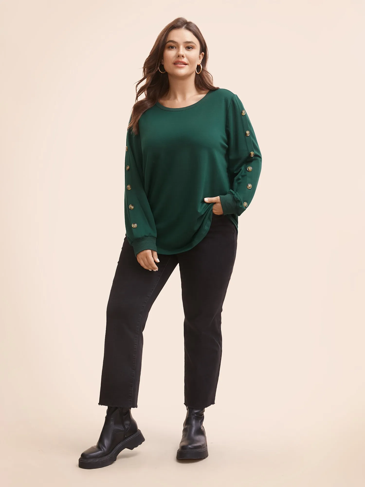 Crew Neck Patchwork Button Detail Sweatshirt sold by Bloomchic product image thumbnail 3