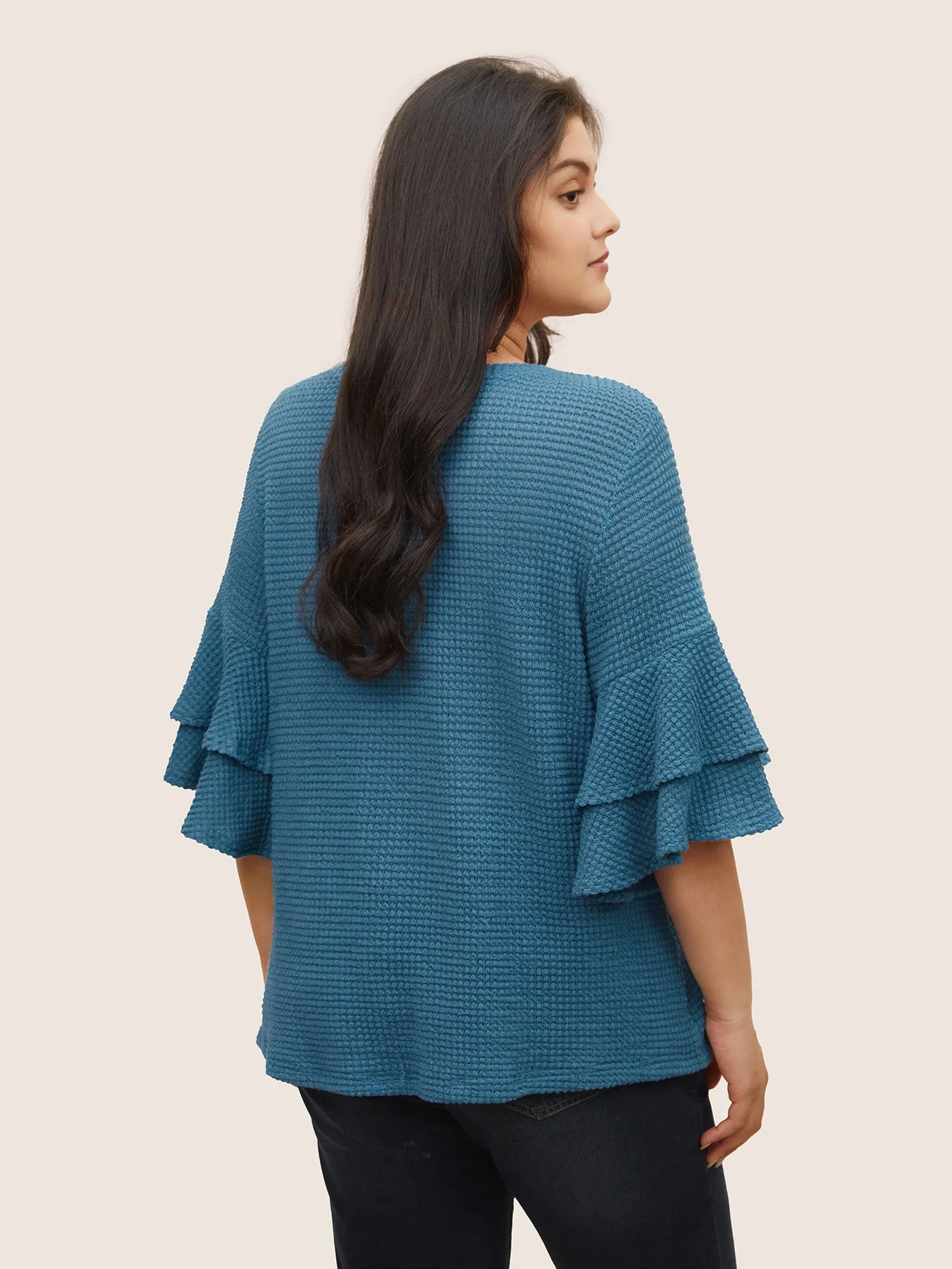 Solid Waffle Knit Tiered Flutter Sleeve T-shirt sold by Bloomchic product image thumbnail 2
