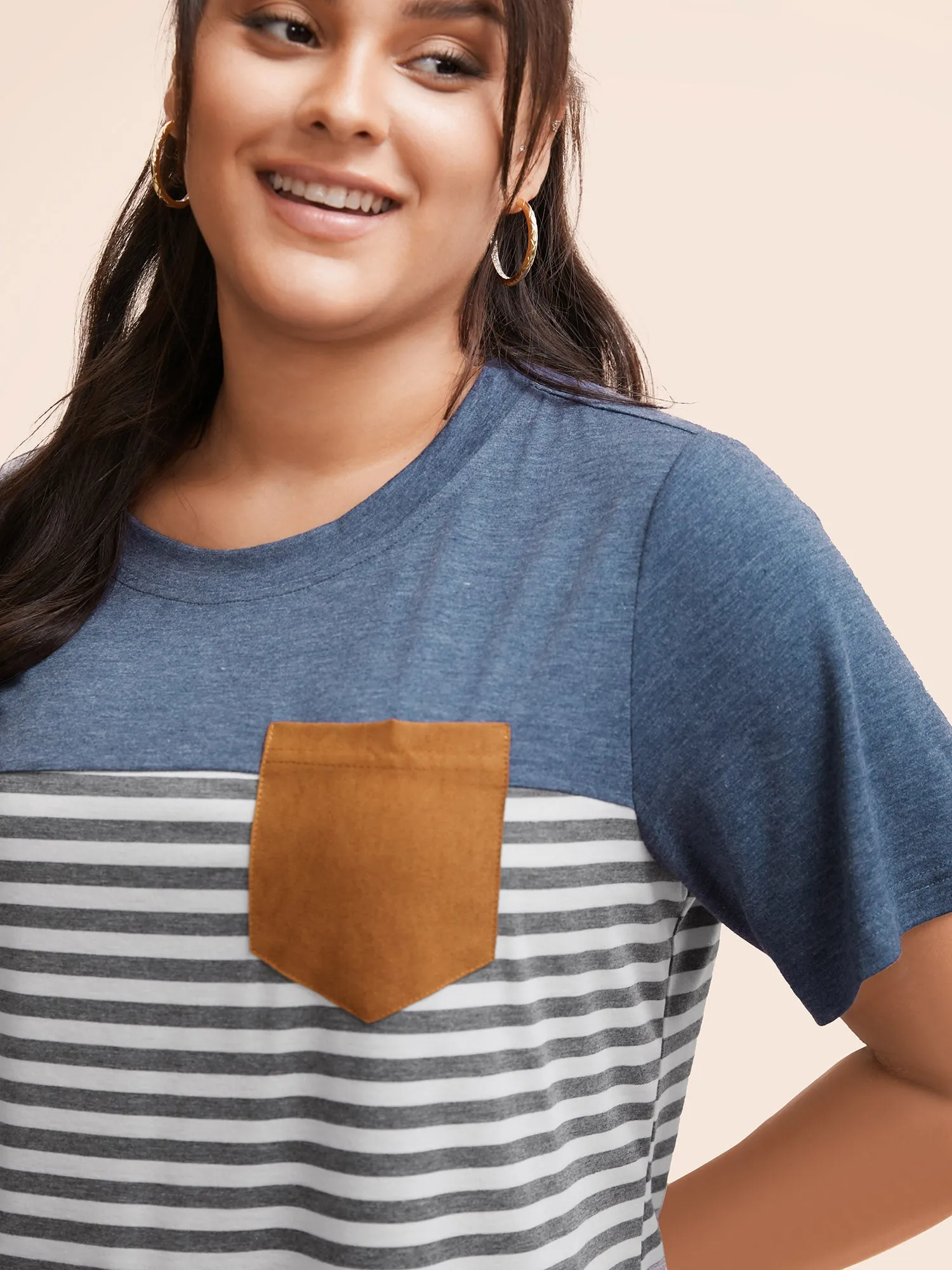 Striped Patchwork Round Neck Patched Pocket T-shirt sold by Bloomchic product image thumbnail 3