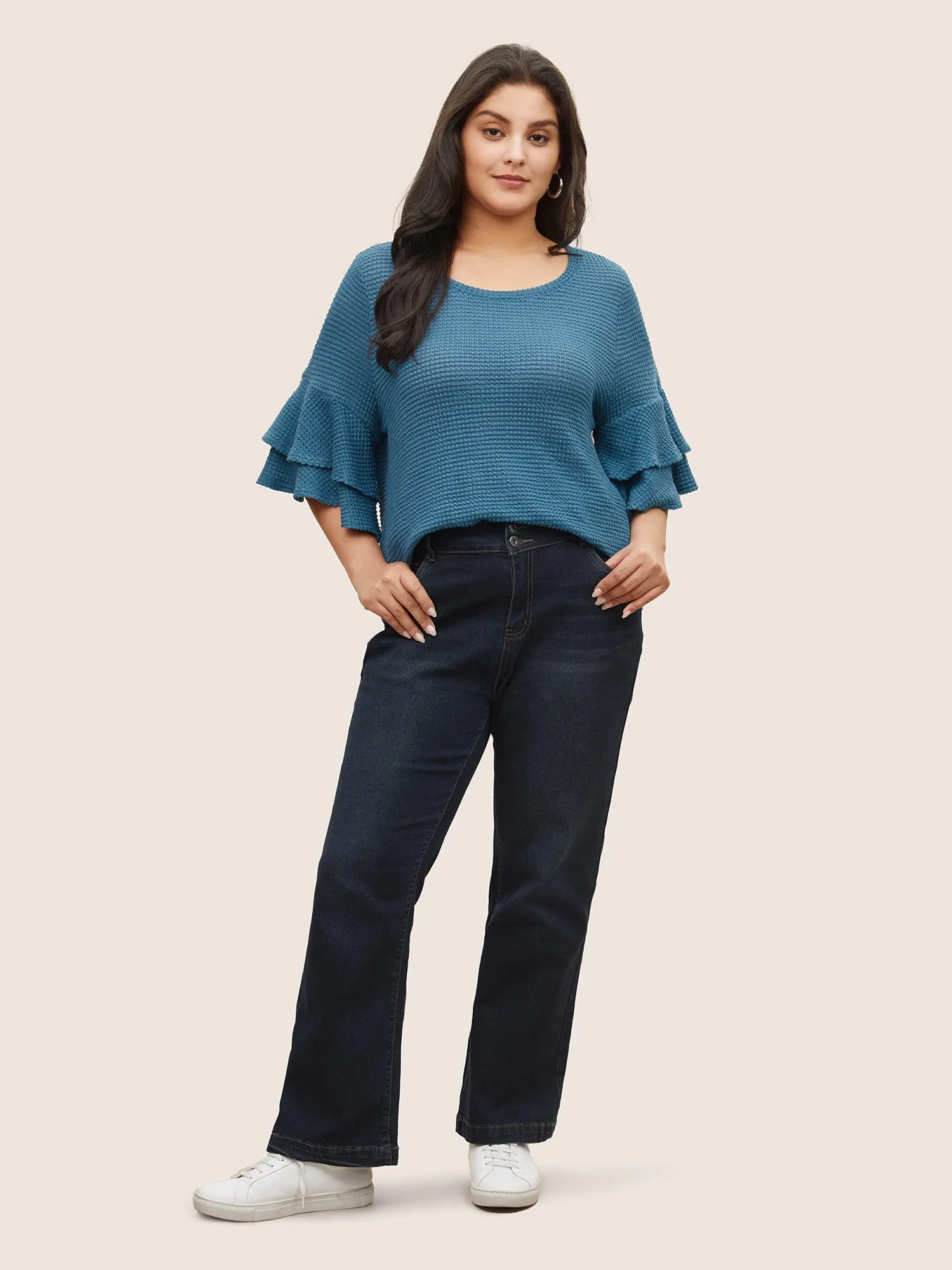 Solid Waffle Knit Tiered Flutter Sleeve T-shirt sold by Bloomchic product image thumbnail 3