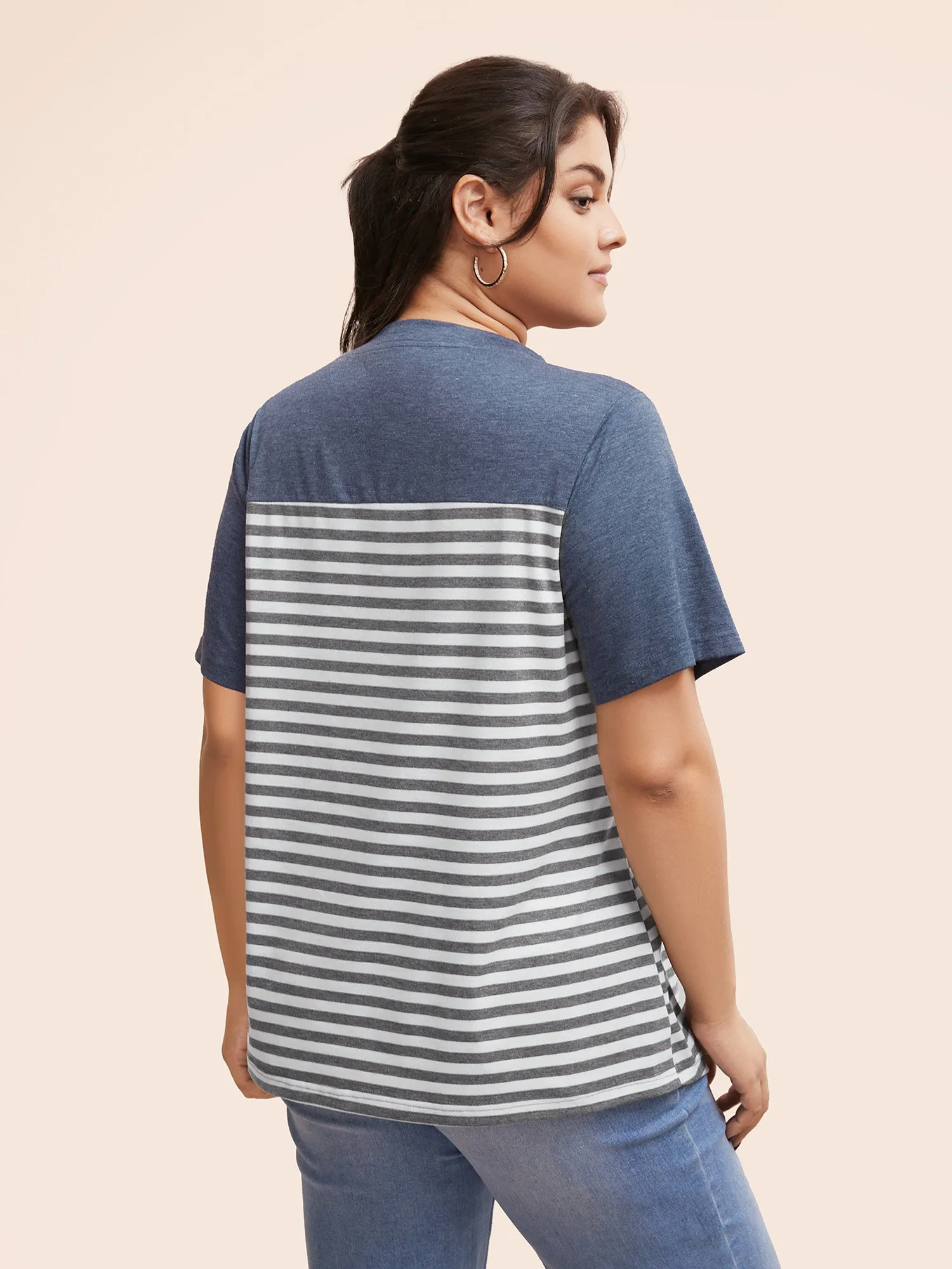 Striped Patchwork Round Neck Patched Pocket T-shirt sold by Bloomchic product image thumbnail 4