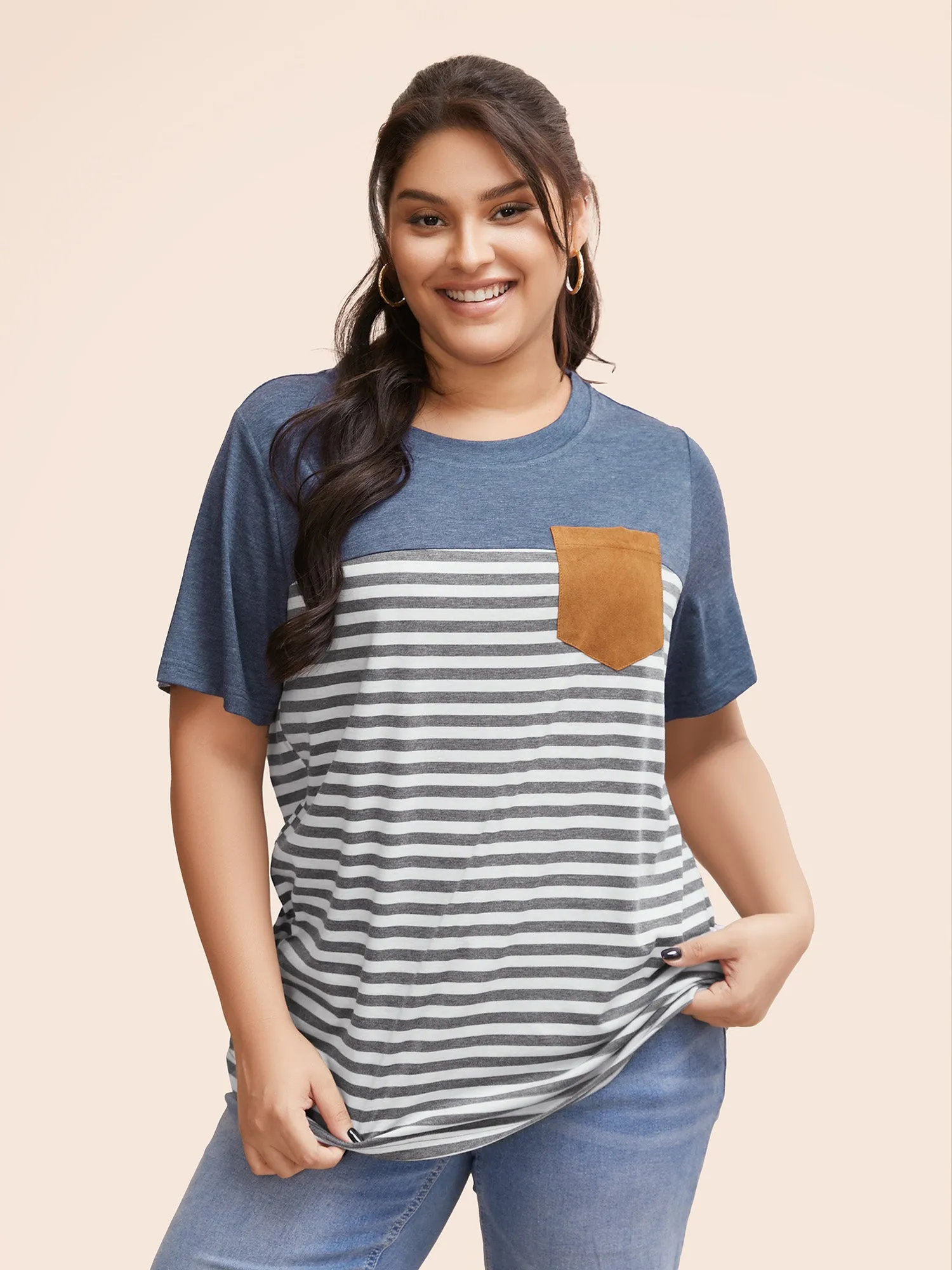 Striped Patchwork Round Neck Patched Pocket T-shirt sold by Bloomchic