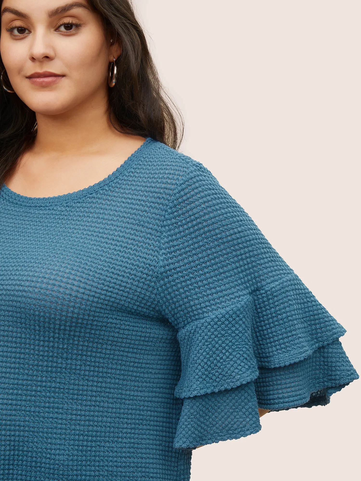 Solid Waffle Knit Tiered Flutter Sleeve T-shirt sold by Bloomchic product image thumbnail 4