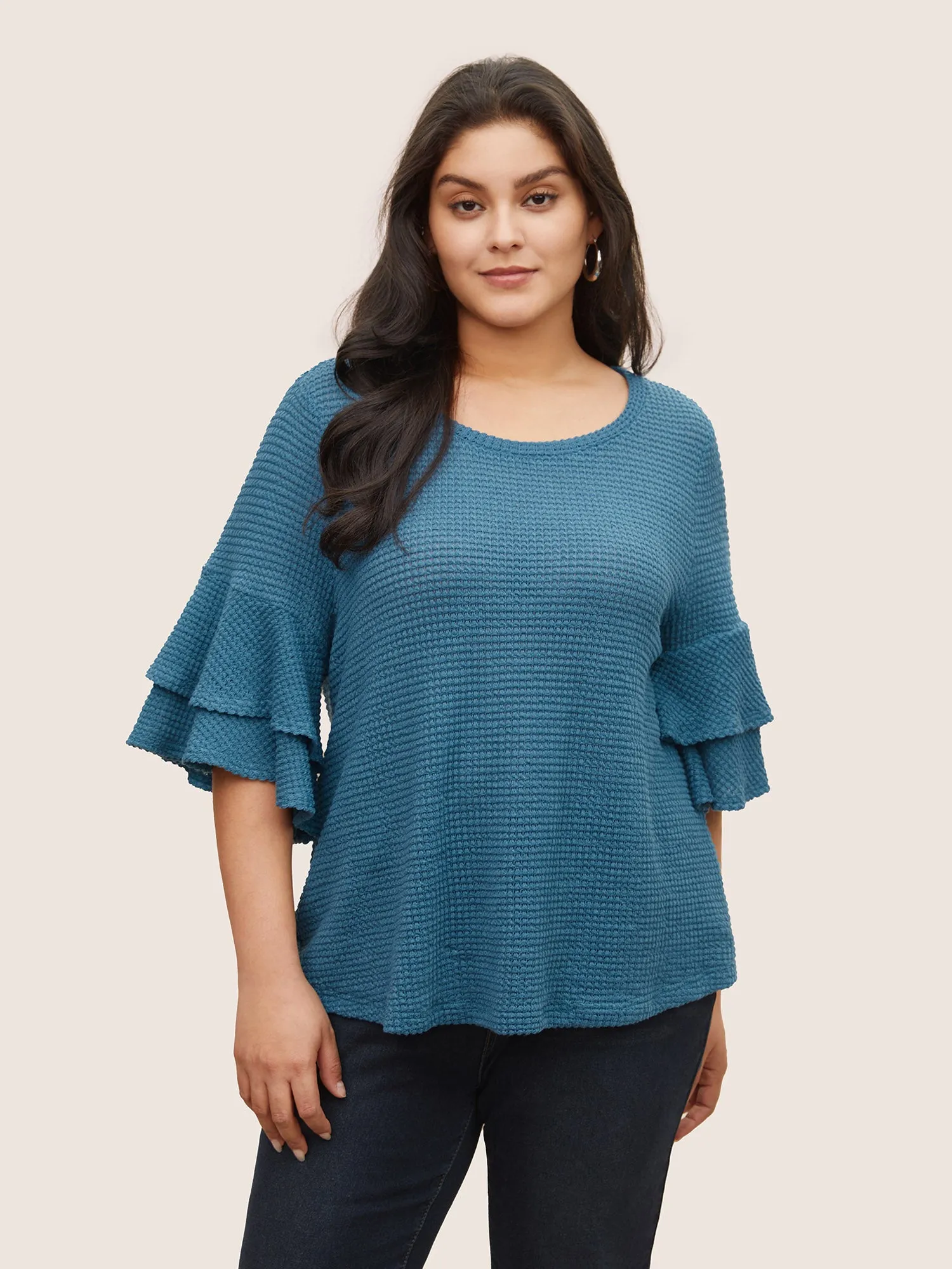 Solid Waffle Knit Tiered Flutter Sleeve T-shirt sold by Bloomchic