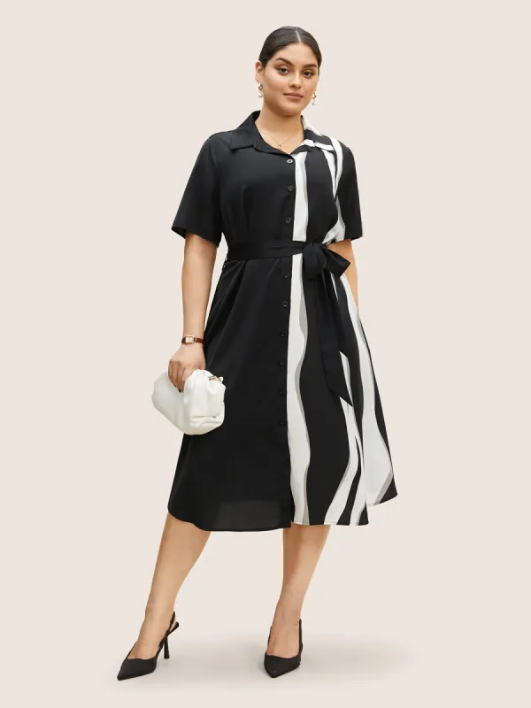Shirt Collar Striped Contrast Belted Midi Dress sold by Bloomchic