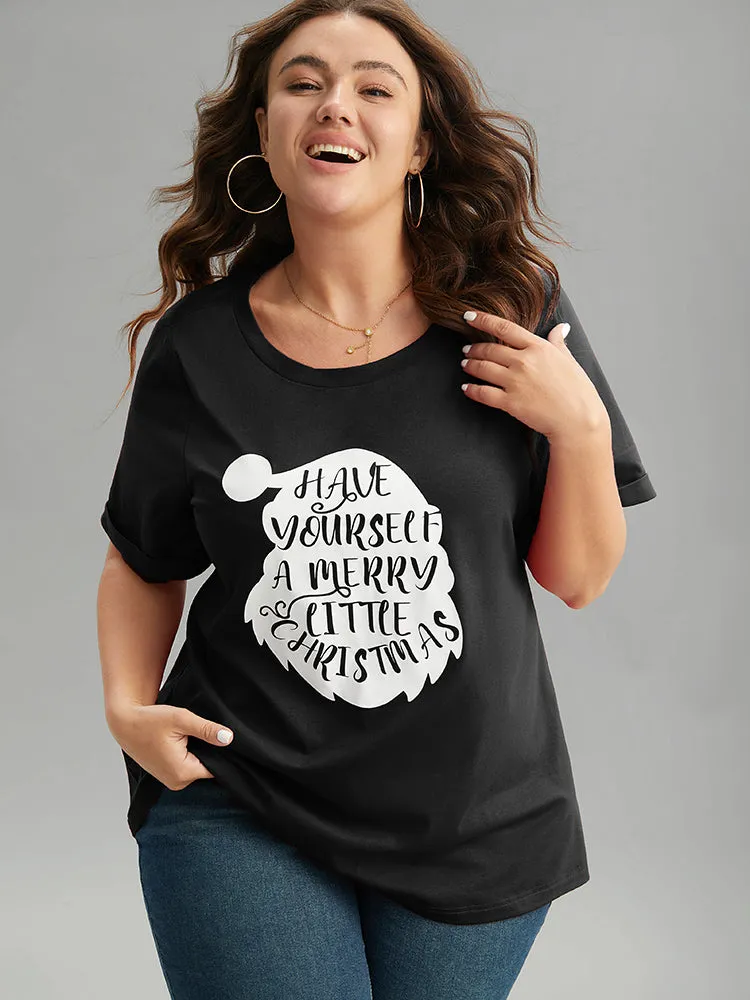 Christmas Print Round Neck Roll Sleeve T-shirt sold by Bloomchic