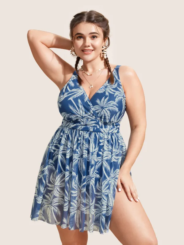 Tropical Print Overlap Collar Swim Dress sold by Bloomchic