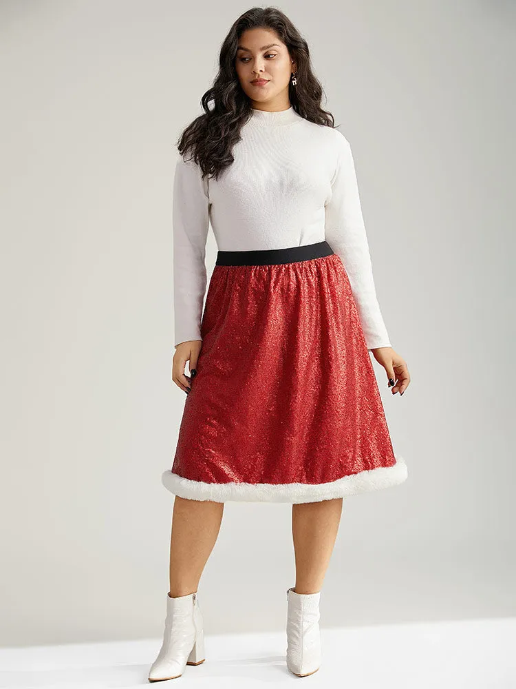 Christmas Sequin Patchwork Fuzzy Trim Skirt sold by Bloomchic product image thumbnail 4