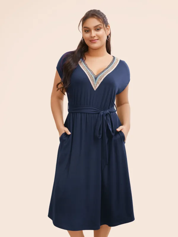 Plain Contrast Lace Belted Pocket Batwing Sleeve Dress sold by Bloomchic