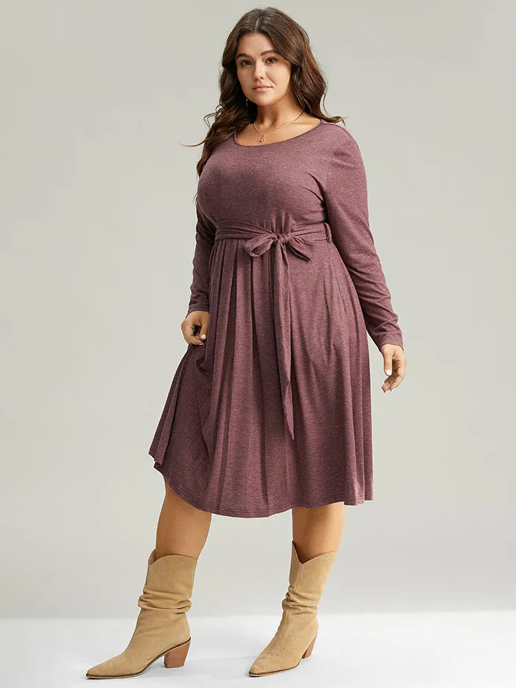 Plain Pleated Hem Belted Long Sleeve Dress sold by Bloomchic product image thumbnail 4
