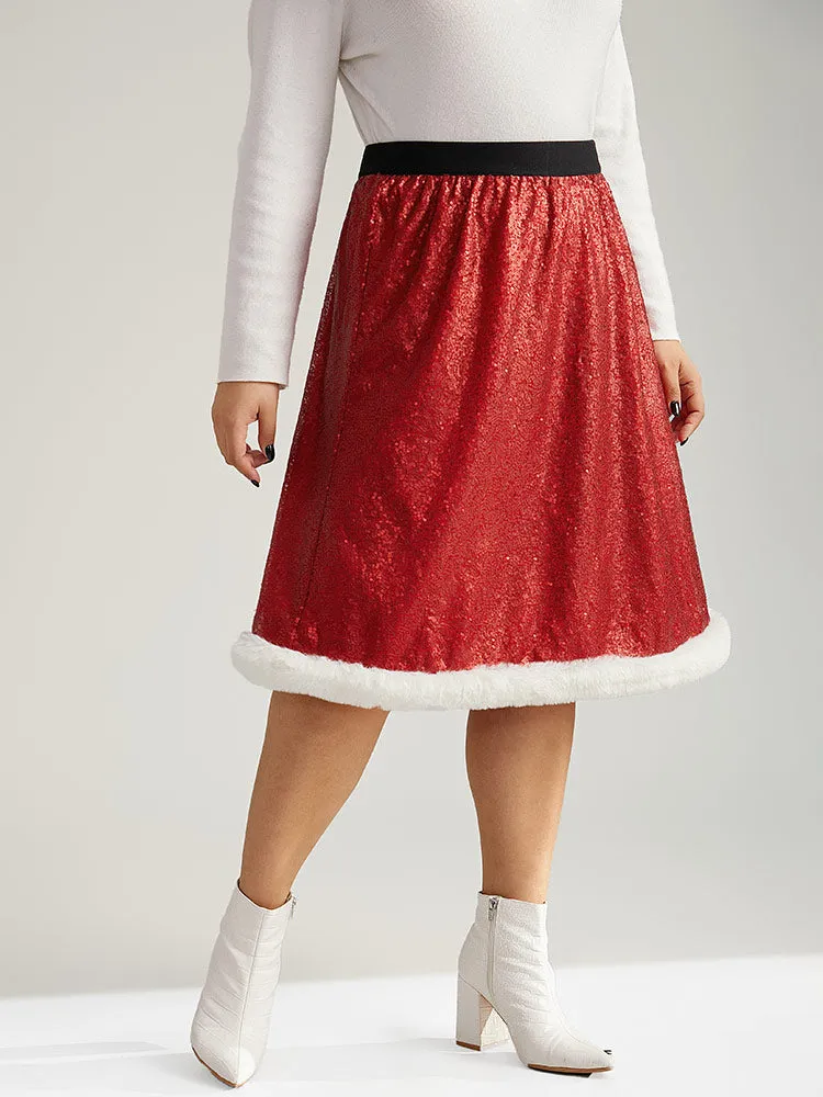 Christmas Sequin Patchwork Fuzzy Trim Skirt sold by Bloomchic product image thumbnail 3